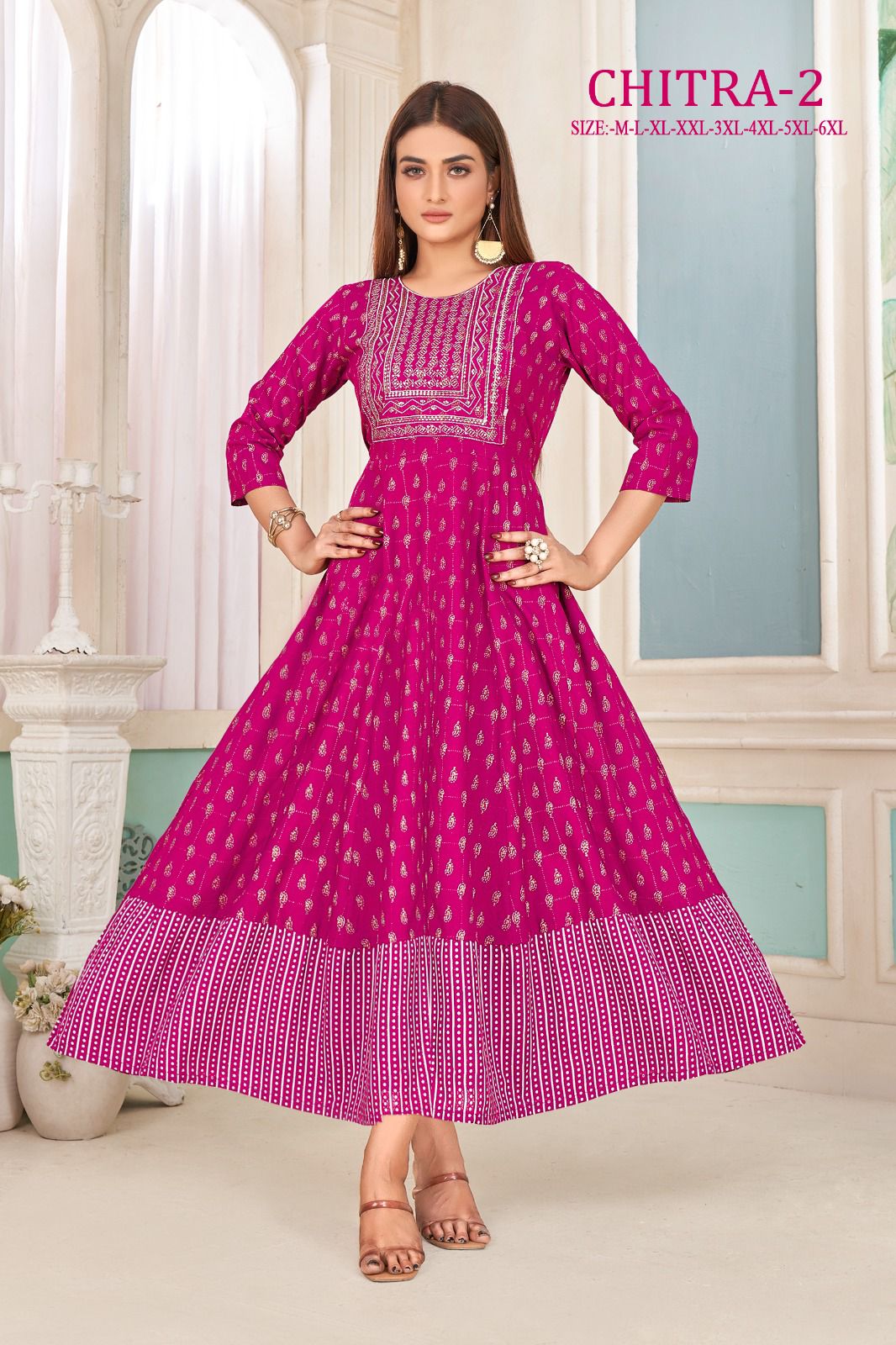 Chitra 2 Rayon Gold Print Long Anarkali Kurtis Catalog